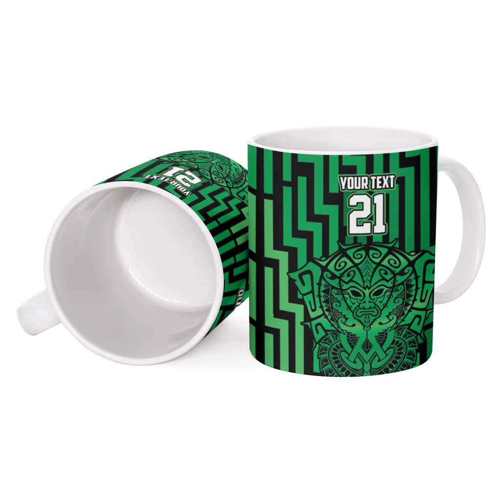 Custom Basketball New Zealand Ceramic Mug Green Maori Ta Moko Indigenous - Polynesian Pride
