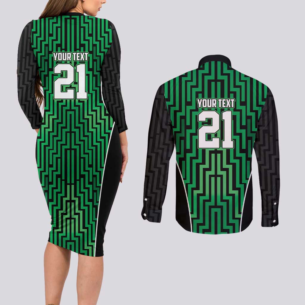Custom Basketball New Zealand Couples Matching Long Sleeve Bodycon Dress and Long Sleeve Button Shirt Green Maori Ta Moko Indigenous - Polynesian Pride
