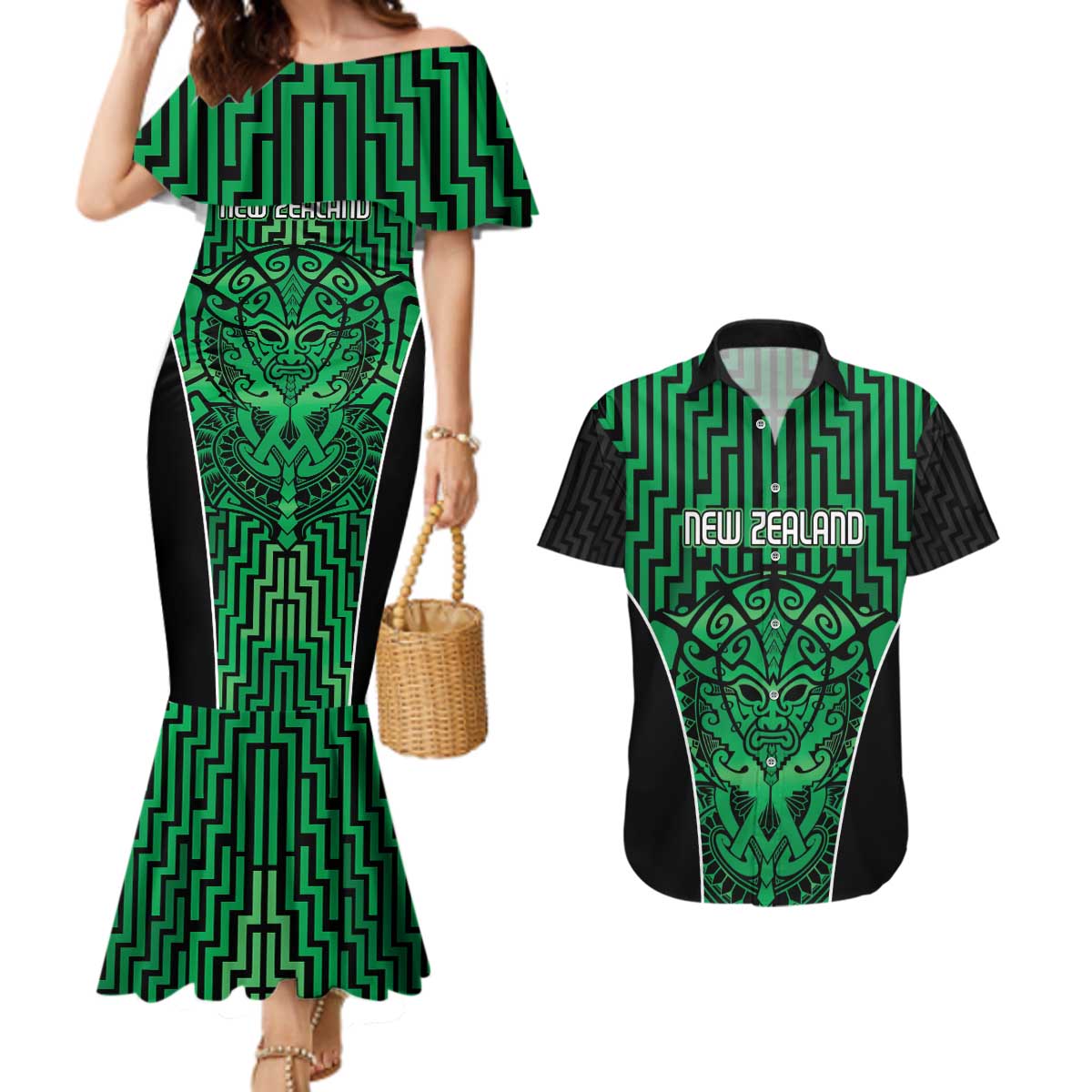Custom Basketball New Zealand Couples Matching Mermaid Dress and Hawaiian Shirt Green Maori Ta Moko Indigenous - Polynesian Pride