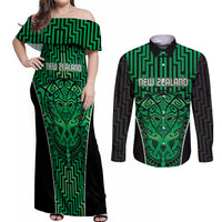 Custom Basketball New Zealand Couples Matching Off Shoulder Maxi Dress and Long Sleeve Button Shirt Green Maori Ta Moko Indigenous - Polynesian Pride