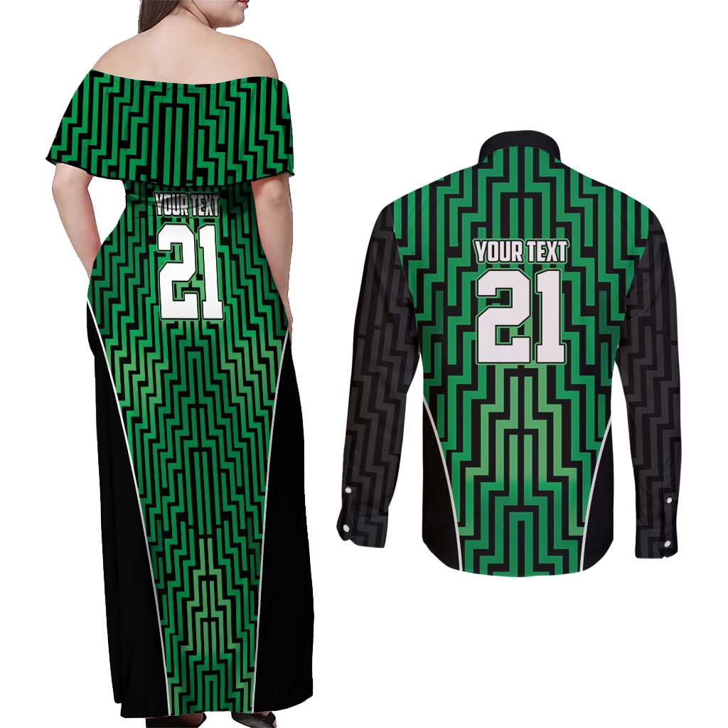 Custom Basketball New Zealand Couples Matching Off Shoulder Maxi Dress and Long Sleeve Button Shirt Green Maori Ta Moko Indigenous - Polynesian Pride