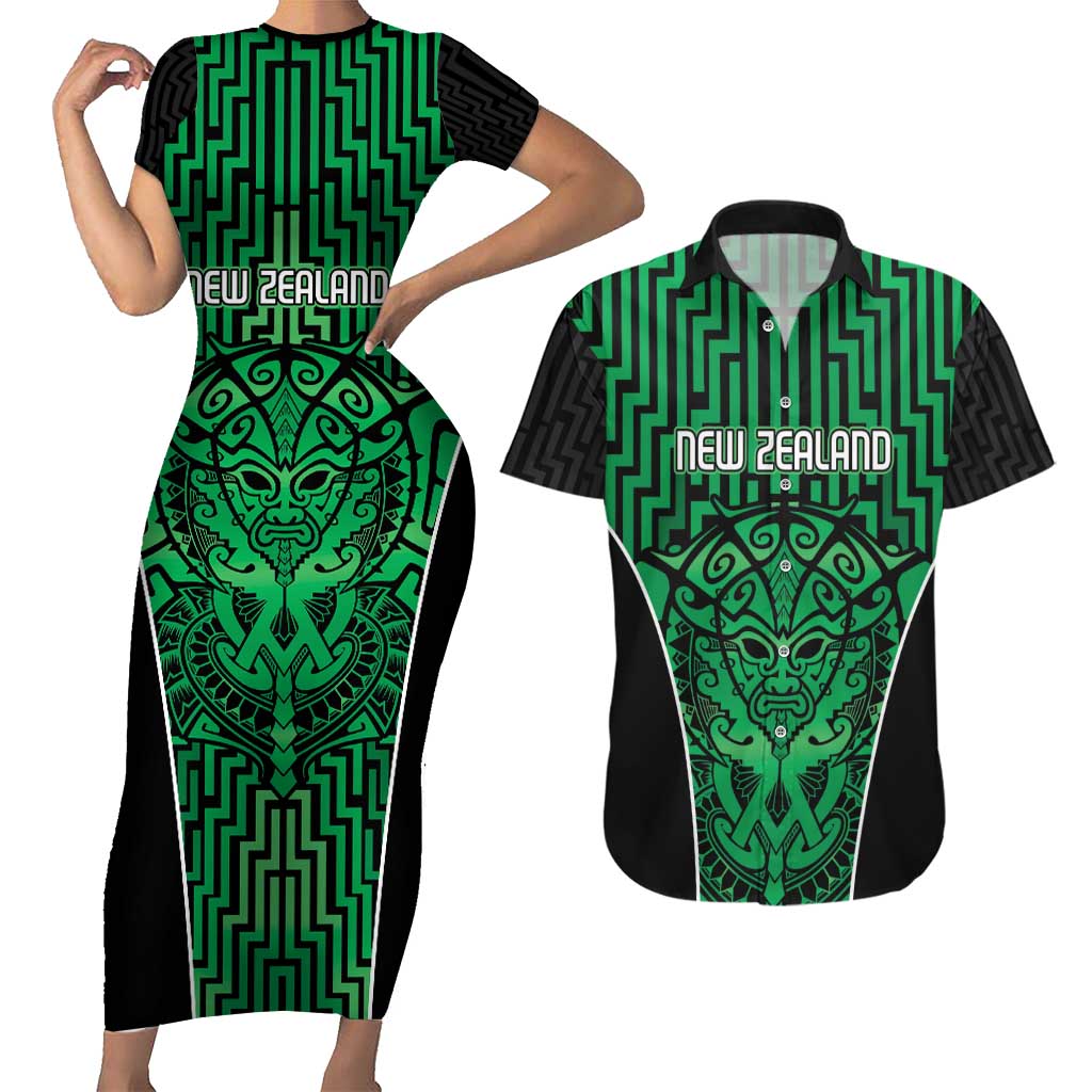 Custom Basketball New Zealand Couples Matching Short Sleeve Bodycon Dress and Hawaiian Shirt Green Maori Ta Moko Indigenous - Polynesian Pride