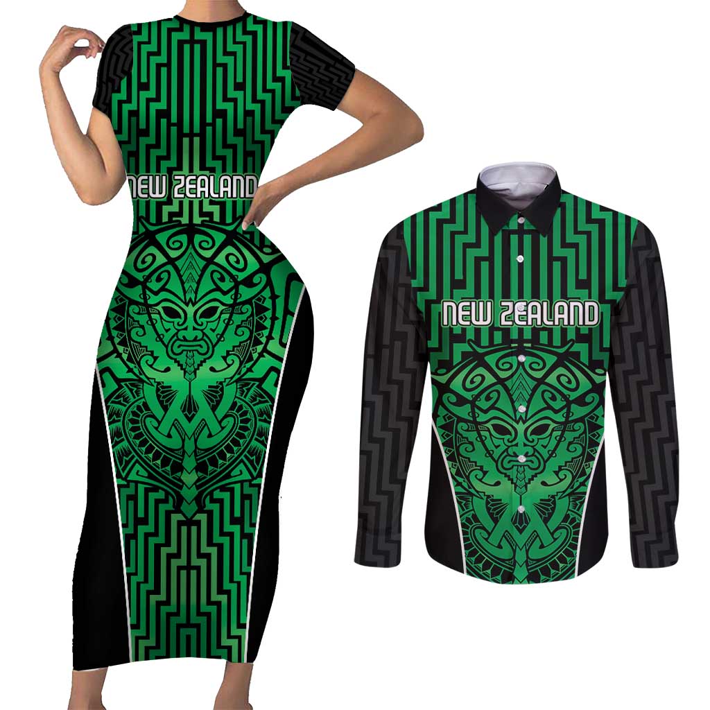 Custom Basketball New Zealand Couples Matching Short Sleeve Bodycon Dress and Long Sleeve Button Shirt Green Maori Ta Moko Indigenous - Polynesian Pride