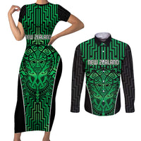 Custom Basketball New Zealand Couples Matching Short Sleeve Bodycon Dress and Long Sleeve Button Shirt Green Maori Ta Moko Indigenous - Polynesian Pride