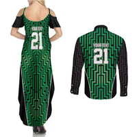 Custom Basketball New Zealand Couples Matching Summer Maxi Dress and Long Sleeve Button Shirt Green Maori Ta Moko Indigenous - Polynesian Pride