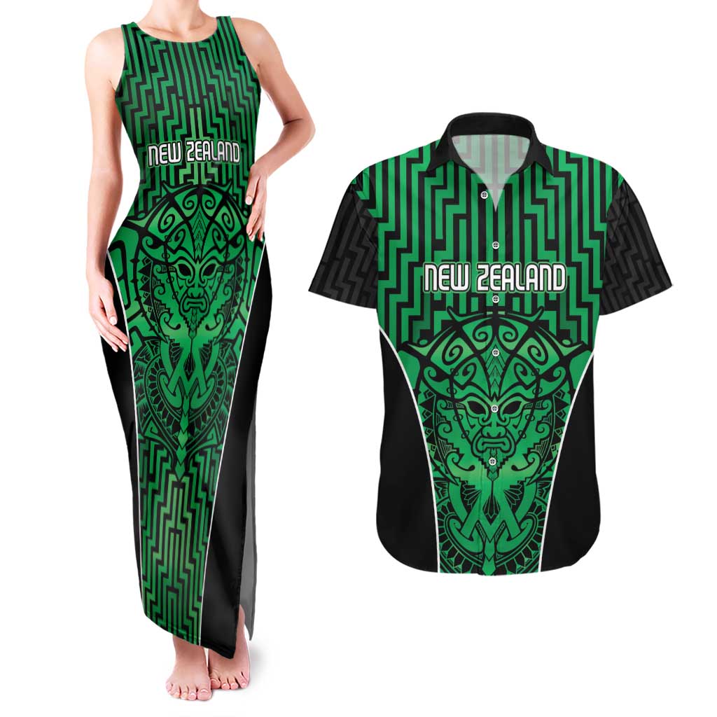 Custom Basketball New Zealand Couples Matching Tank Maxi Dress and Hawaiian Shirt Green Maori Ta Moko Indigenous - Polynesian Pride