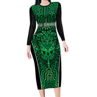 Custom Basketball New Zealand Family Matching Long Sleeve Bodycon Dress and Hawaiian Shirt Green Maori Ta Moko Indigenous - Polynesian Pride