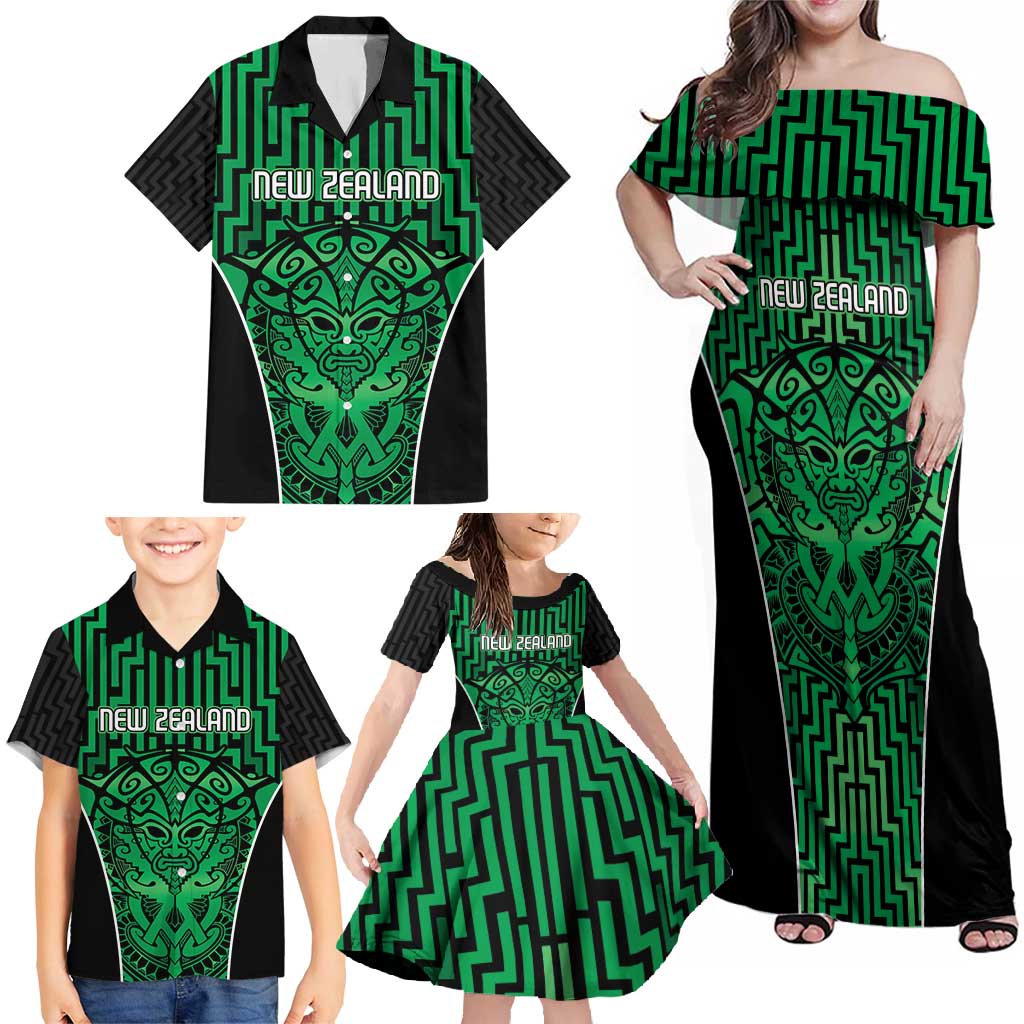 Custom Basketball New Zealand Family Matching Off Shoulder Maxi Dress and Hawaiian Shirt Green Maori Ta Moko Indigenous - Polynesian Pride