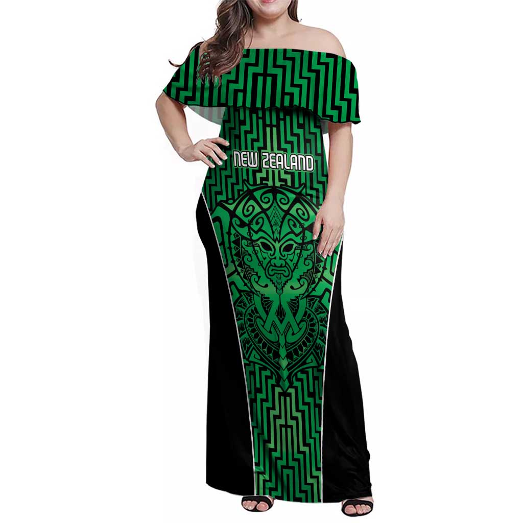 Custom Basketball New Zealand Family Matching Off Shoulder Maxi Dress and Hawaiian Shirt Green Maori Ta Moko Indigenous - Polynesian Pride