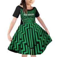 Custom Basketball New Zealand Family Matching Off Shoulder Short Dress and Hawaiian Shirt Green Maori Ta Moko Indigenous - Polynesian Pride