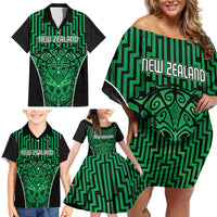 Custom Basketball New Zealand Family Matching Off Shoulder Short Dress and Hawaiian Shirt Green Maori Ta Moko Indigenous - Polynesian Pride