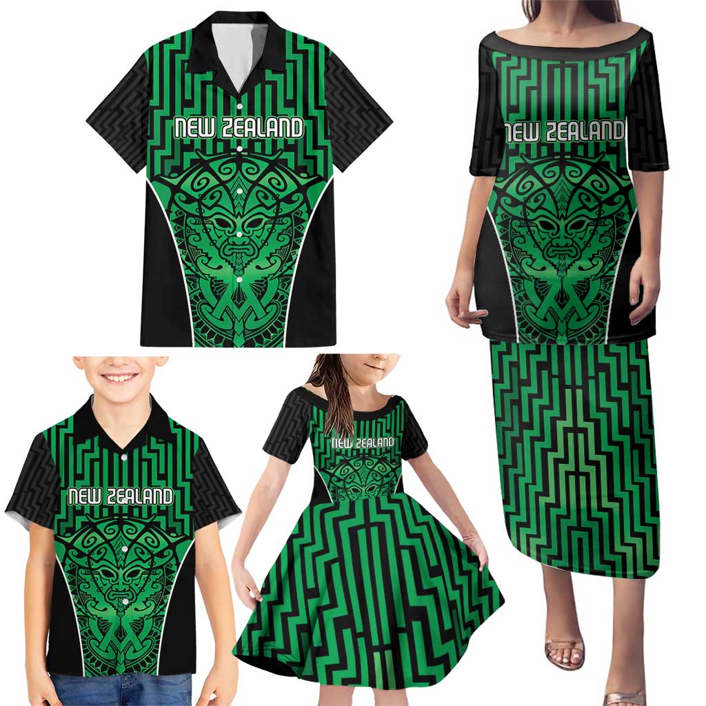 Custom Basketball New Zealand Family Matching Puletasi and Hawaiian Shirt Green Maori Ta Moko Indigenous - Polynesian Pride