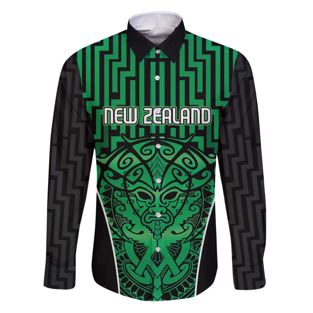 Custom Basketball New Zealand Family Matching Puletasi and Hawaiian Shirt Green Maori Ta Moko Indigenous LT9 Dad's Shirt - Long Sleeve Green - Polynesian Pride