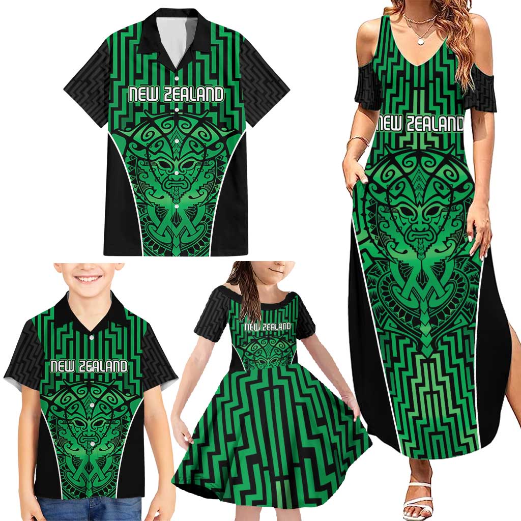Custom Basketball New Zealand Family Matching Summer Maxi Dress and Hawaiian Shirt Green Maori Ta Moko Indigenous - Polynesian Pride