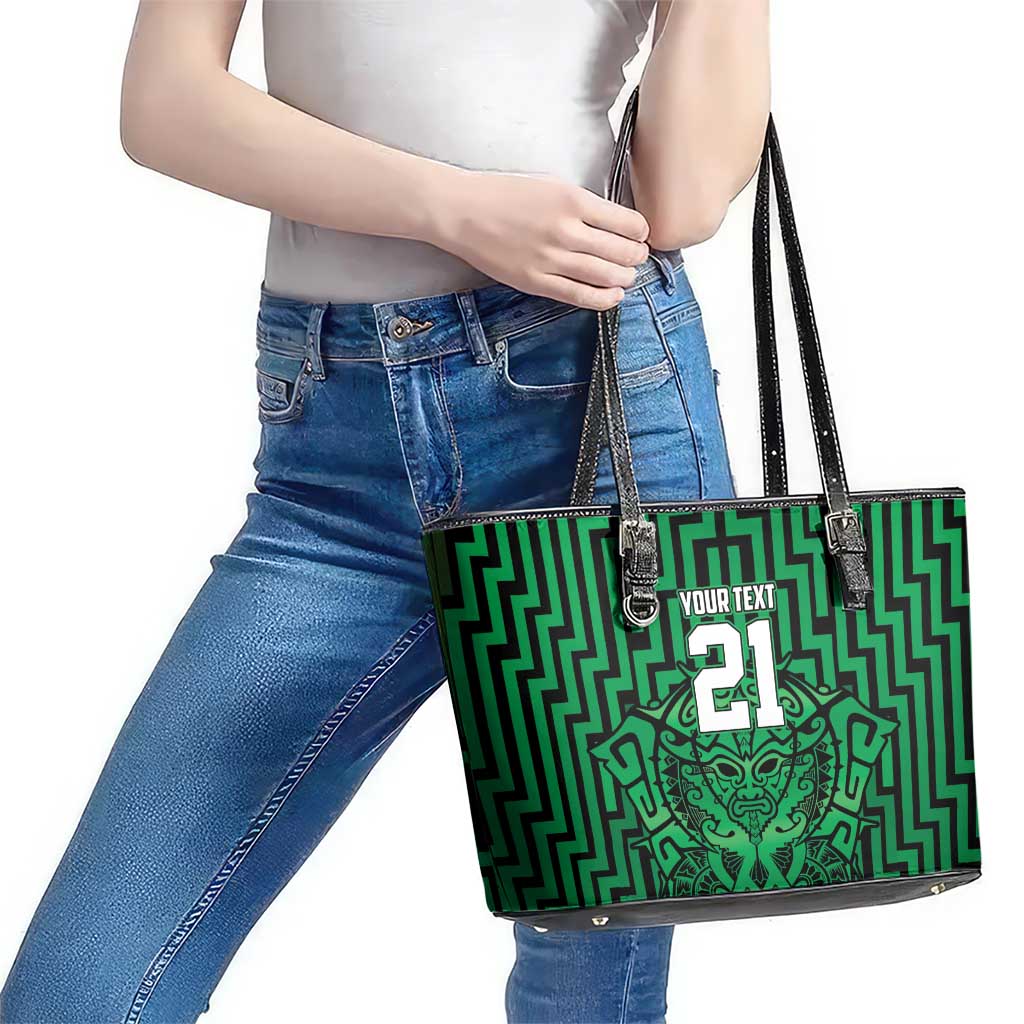 Custom Basketball New Zealand Leather Tote Bag Green Maori Ta Moko Indigenous - Polynesian Pride
