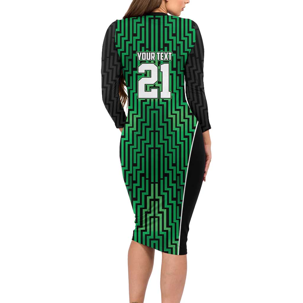 Custom Basketball New Zealand Long Sleeve Bodycon Dress Green Maori Ta Moko Indigenous - Polynesian Pride