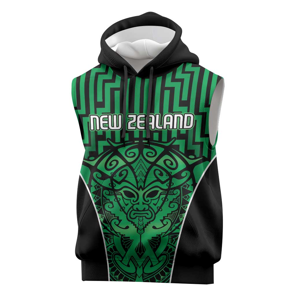 Custom Basketball New Zealand Sleeveless Hoodie Green Maori Ta Moko Indigenous - Polynesian Pride