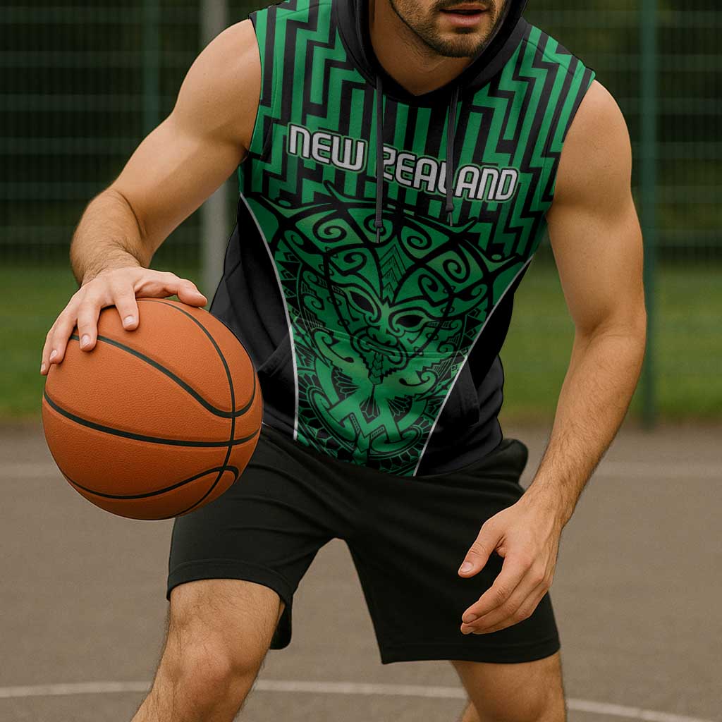Custom Basketball New Zealand Sleeveless Hoodie Green Maori Ta Moko Indigenous - Polynesian Pride
