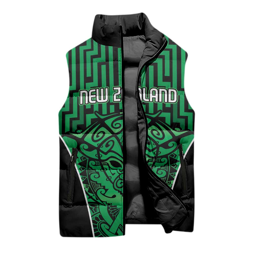 Custom Basketball New Zealand Sleeveless Puffer Jacket Green Maori Ta Moko Indigenous - Polynesian Pride