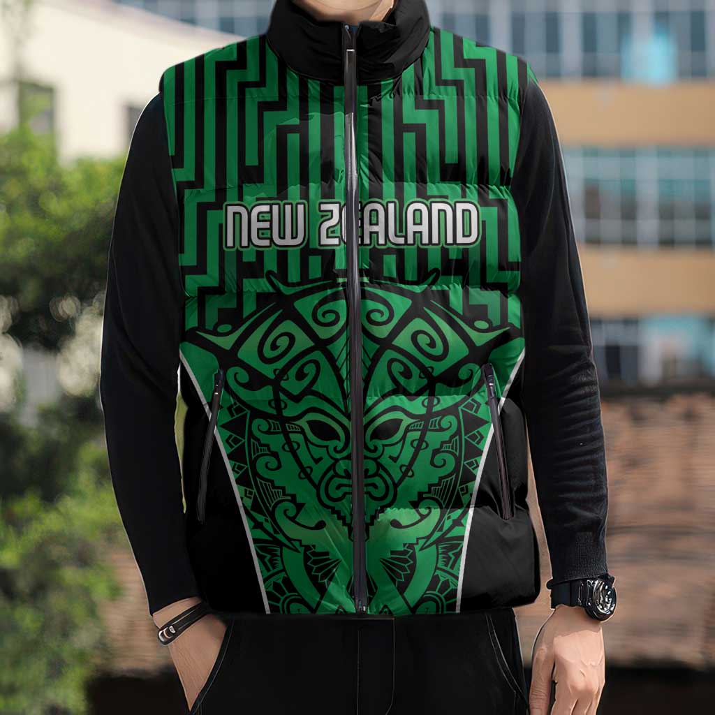 Custom Basketball New Zealand Sleeveless Puffer Jacket Green Maori Ta Moko Indigenous - Polynesian Pride
