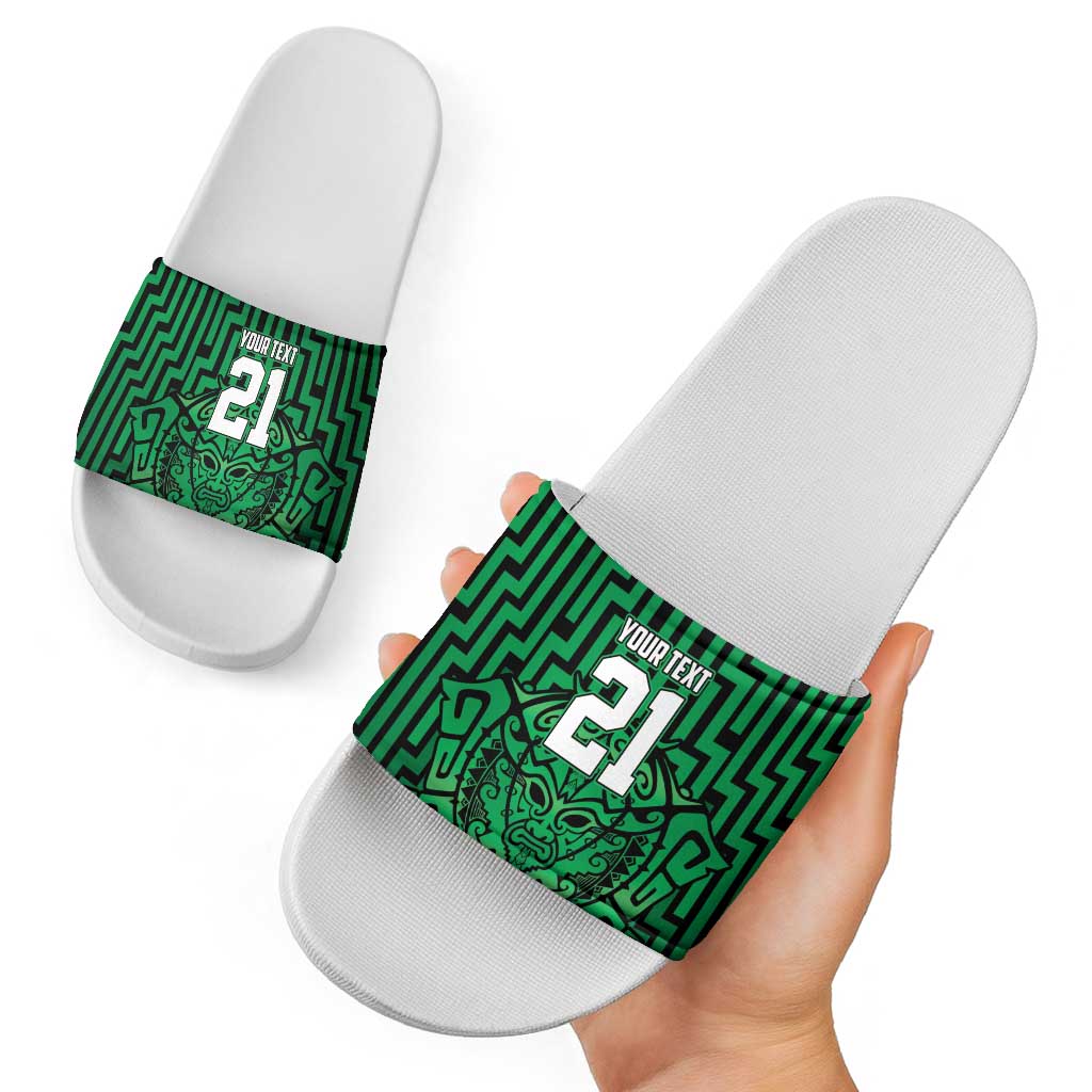 Custom Basketball New Zealand Slide Sandals Green Maori Ta Moko Indigenous - Polynesian Pride