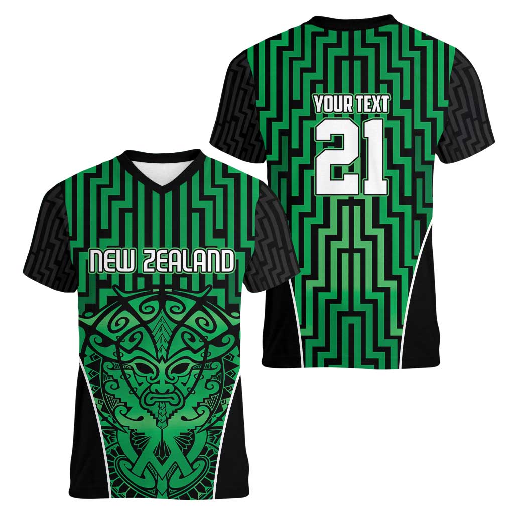Custom Basketball New Zealand Women V-Neck T-Shirt Green Maori Ta Moko Indigenous - Polynesian Pride