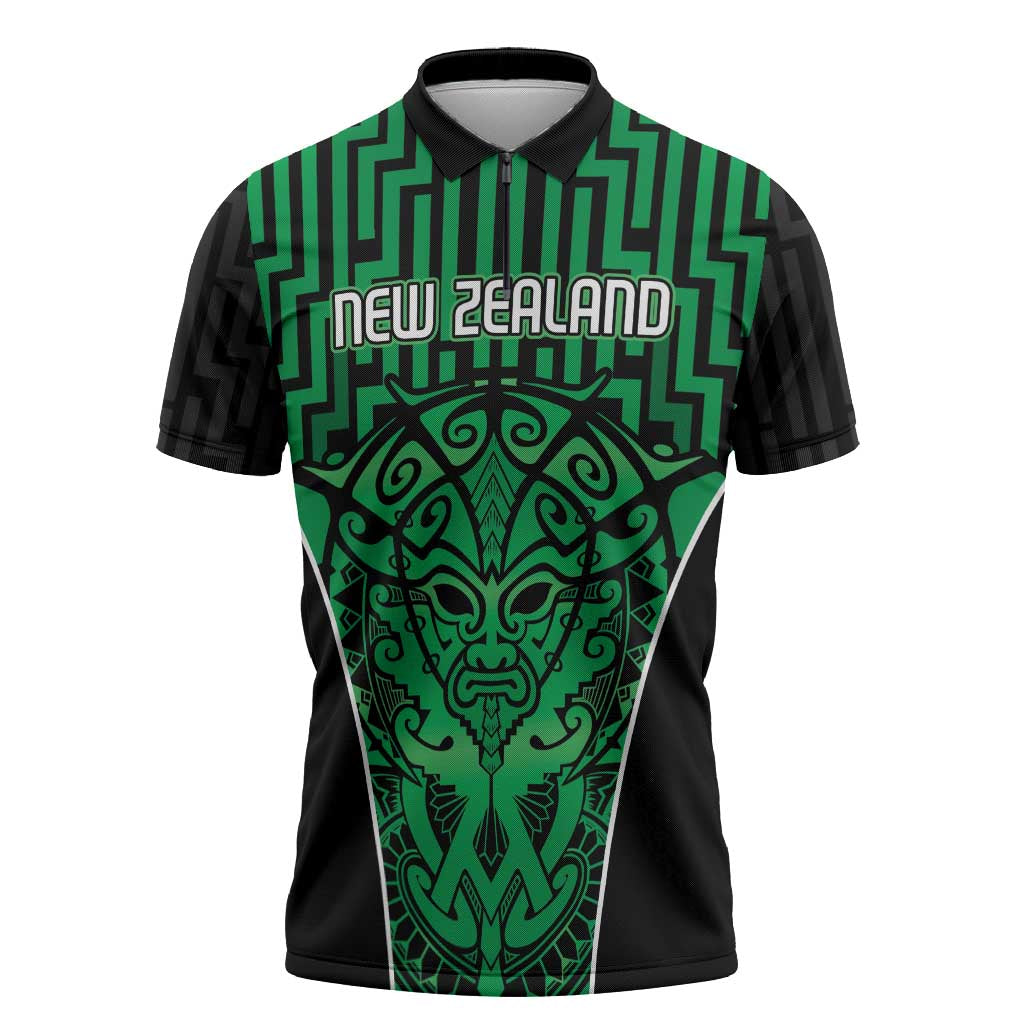 Custom Basketball New Zealand Zipper Polo Shirt Green Maori Ta Moko Indigenous - Polynesian Pride