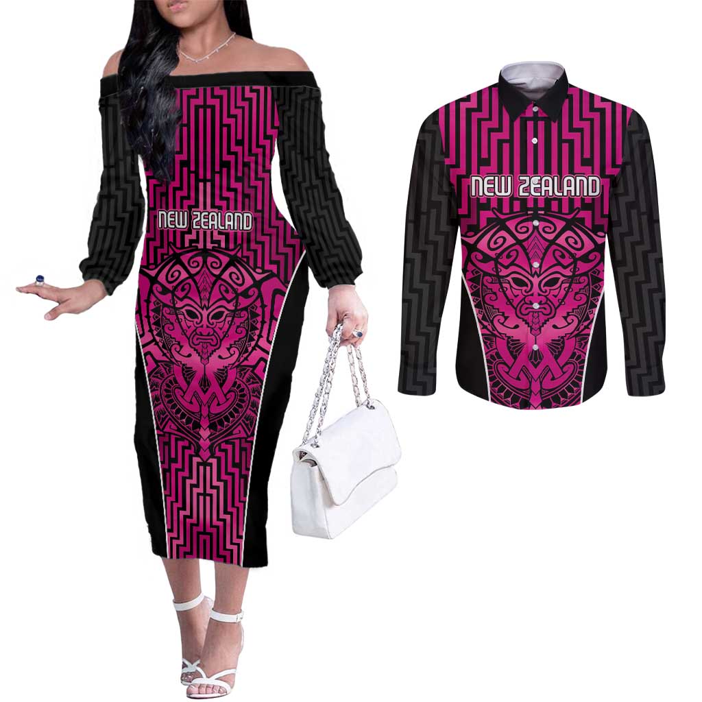 Custom Basketball New Zealand Couples Matching Off The Shoulder Long Sleeve Dress and Long Sleeve Button Shirt Pink Maori Ta Moko Indigenous - Polynesian Pride