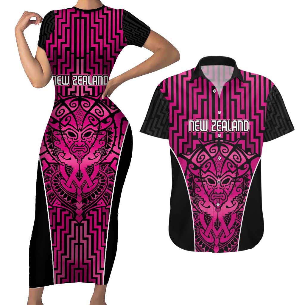 Custom Basketball New Zealand Couples Matching Short Sleeve Bodycon Dress and Hawaiian Shirt Pink Maori Ta Moko Indigenous - Polynesian Pride