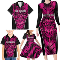 Custom Basketball New Zealand Family Matching Long Sleeve Bodycon Dress and Hawaiian Shirt Pink Maori Ta Moko Indigenous - Polynesian Pride