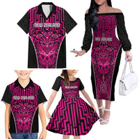 Custom Basketball New Zealand Family Matching Off The Shoulder Long Sleeve Dress and Hawaiian Shirt Pink Maori Ta Moko Indigenous - Polynesian Pride