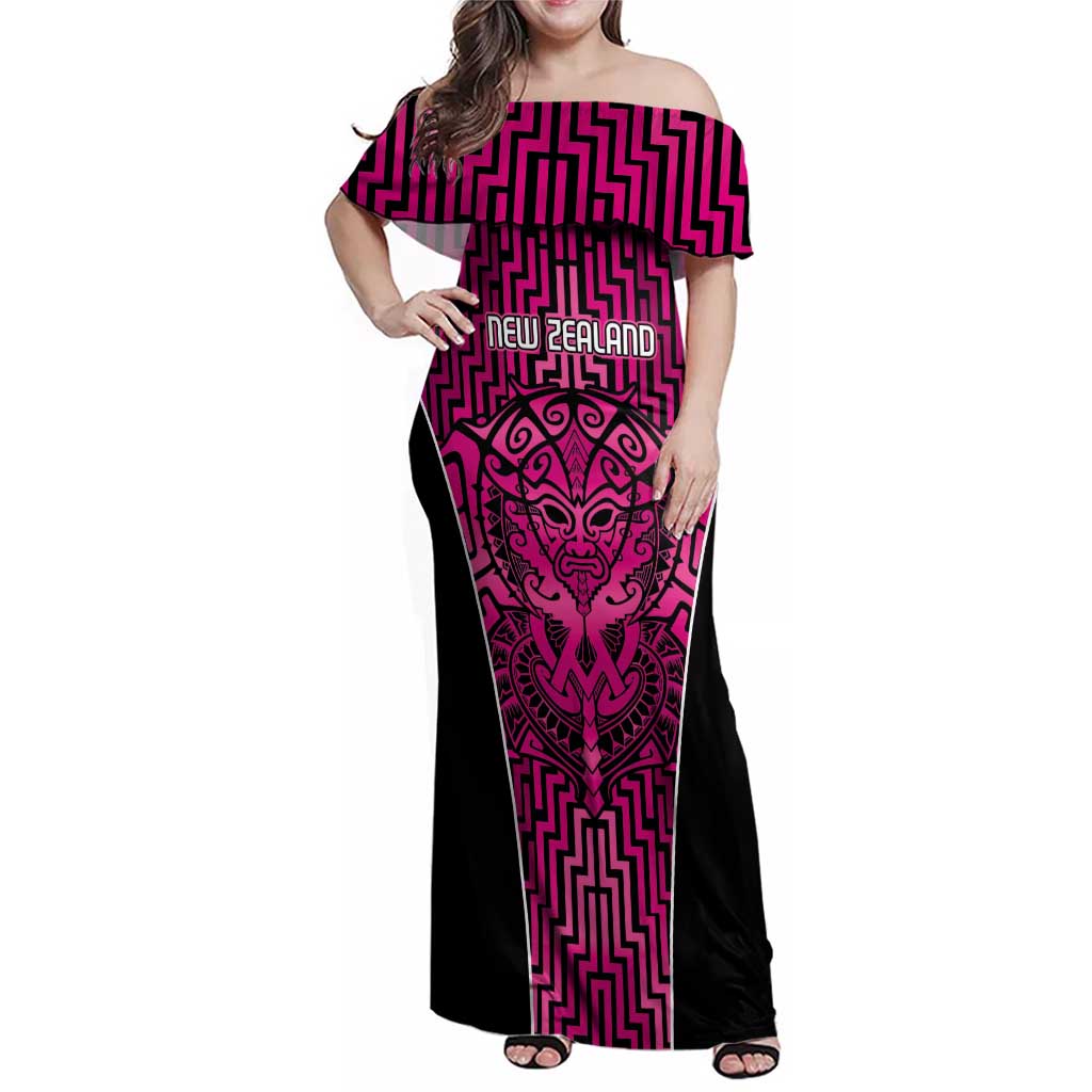 Custom Basketball New Zealand Family Matching Off Shoulder Maxi Dress and Hawaiian Shirt Pink Maori Ta Moko Indigenous - Polynesian Pride