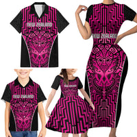 Custom Basketball New Zealand Family Matching Short Sleeve Bodycon Dress and Hawaiian Shirt Pink Maori Ta Moko Indigenous - Polynesian Pride