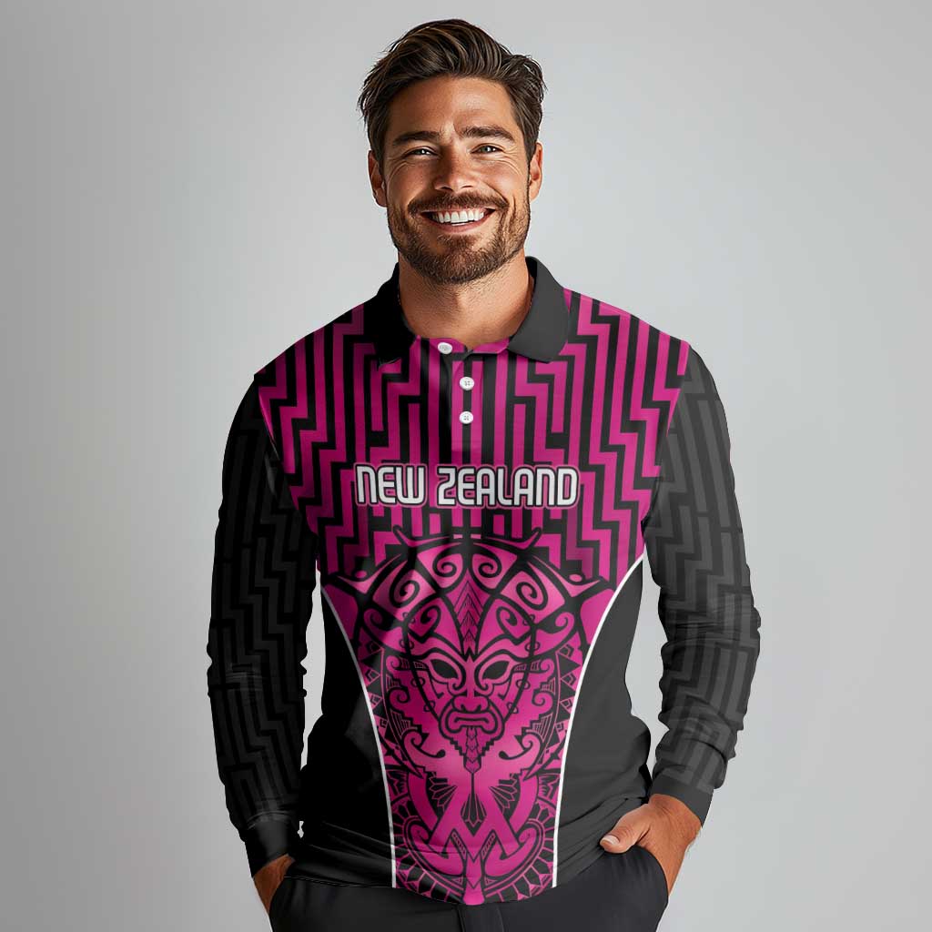 Custom Basketball New Zealand Long Sleeve Polo Shirt Pink Maori Ta Moko Indigenous - Polynesian Pride