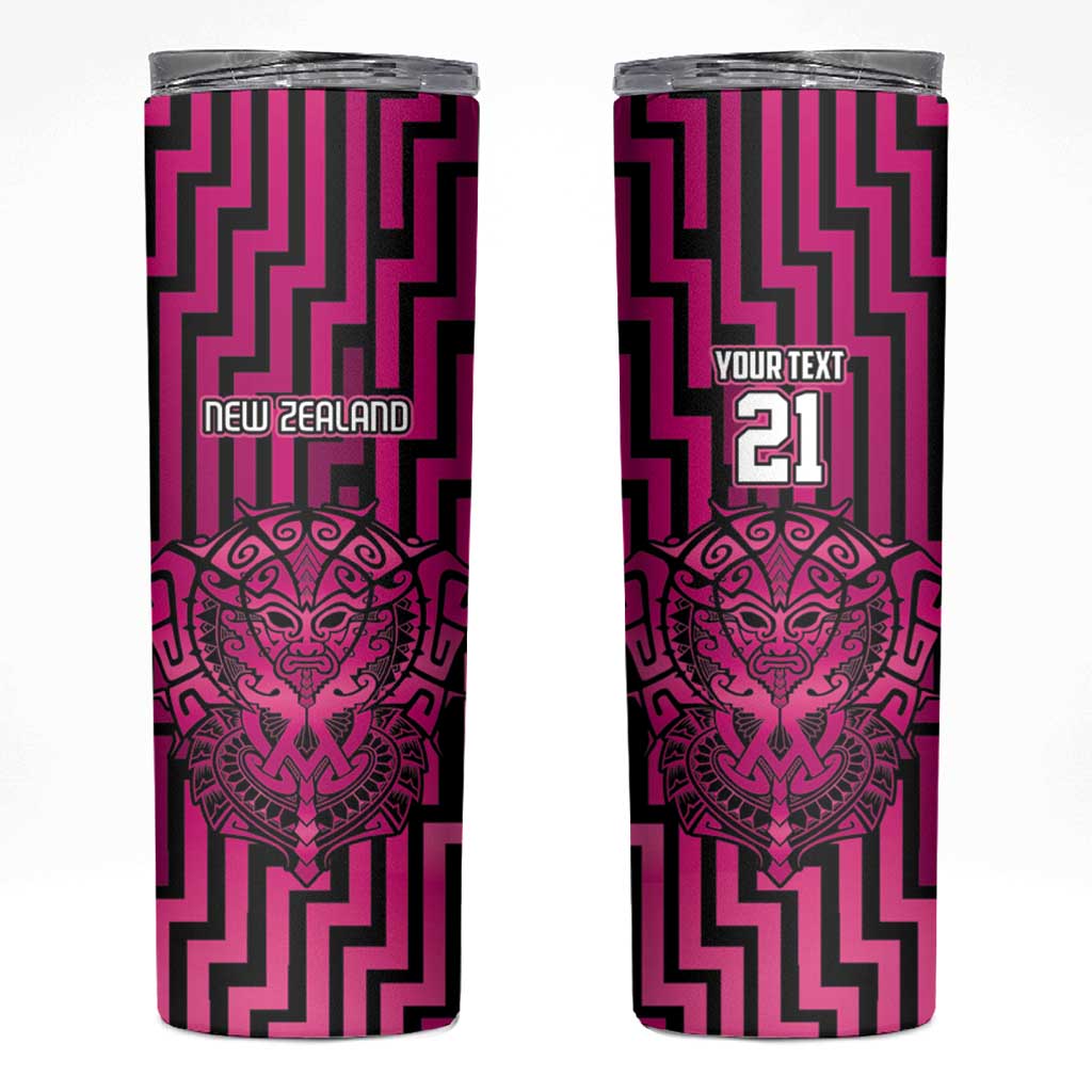 Custom Basketball New Zealand Skinny Tumbler Pink Maori Ta Moko Indigenous - Polynesian Pride