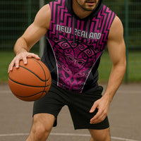 Custom Basketball New Zealand Sleeveless Hoodie Pink Maori Ta Moko Indigenous - Polynesian Pride