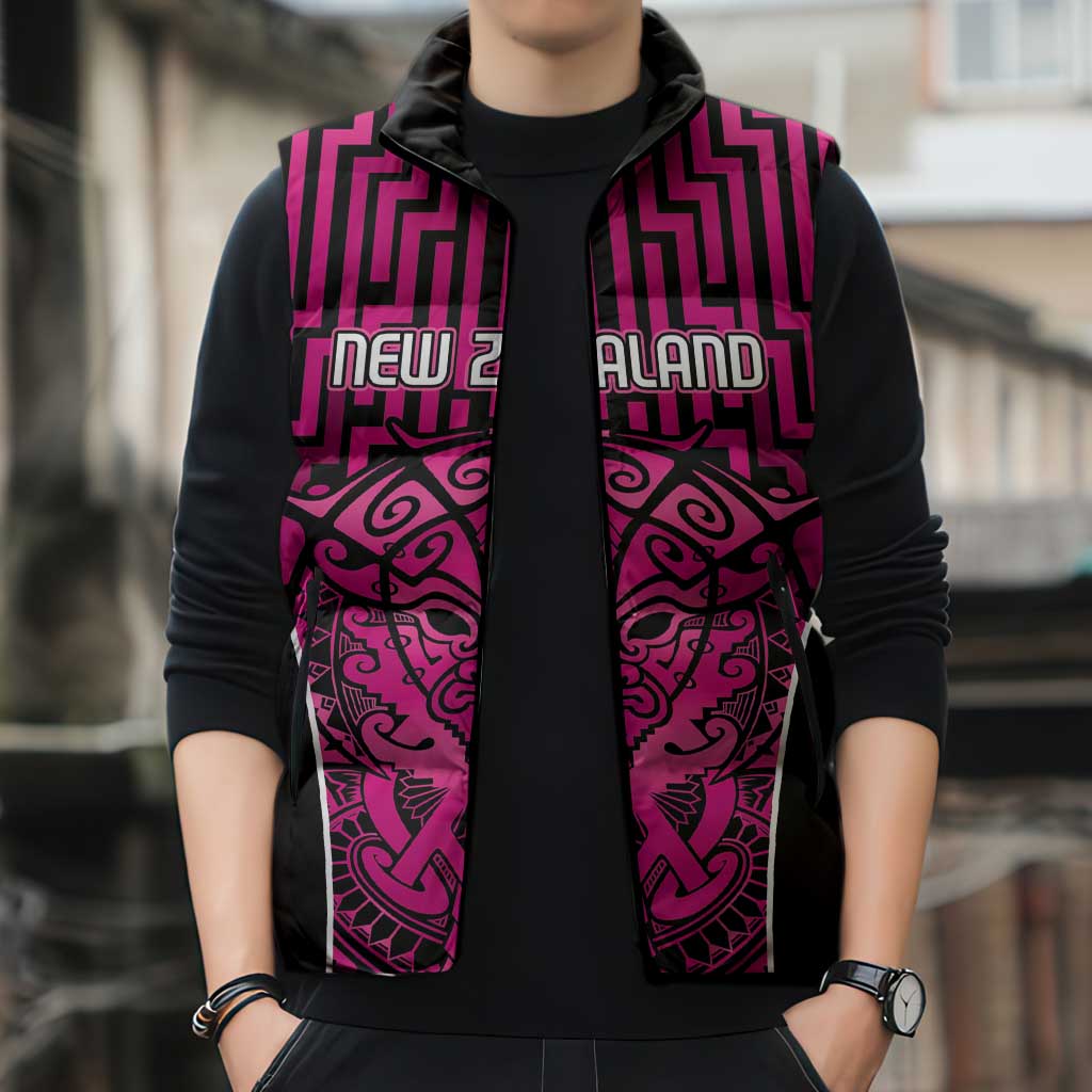 Custom Basketball New Zealand Sleeveless Puffer Jacket Pink Maori Ta Moko Indigenous - Polynesian Pride