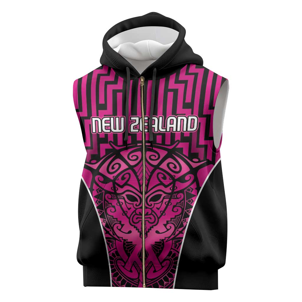 Custom Basketball New Zealand Sleeveless Zip Hoodie Pink Maori Ta Moko Indigenous - Polynesian Pride