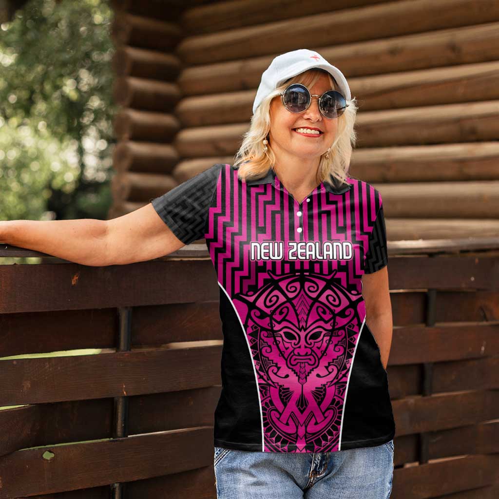 Custom Basketball New Zealand Women Polo Shirt Pink Maori Ta Moko Indigenous - Polynesian Pride