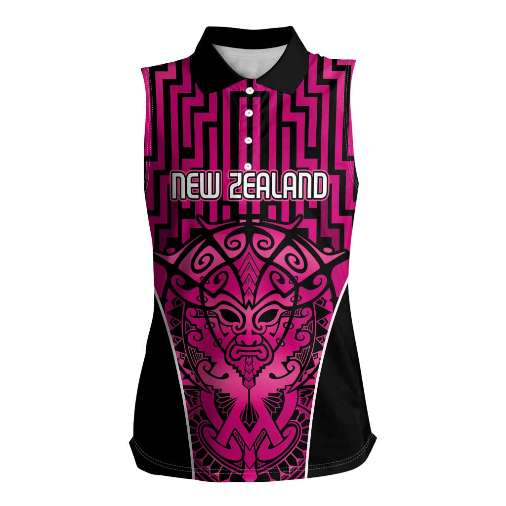 Custom Basketball New Zealand Women Sleeveless Polo Shirt Pink Maori Ta Moko Indigenous - Polynesian Pride