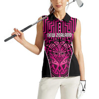 Custom Basketball New Zealand Women Sleeveless Polo Shirt Pink Maori Ta Moko Indigenous - Polynesian Pride