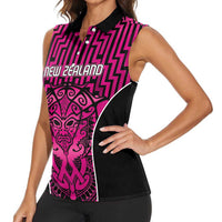Custom Basketball New Zealand Women Sleeveless Polo Shirt Pink Maori Ta Moko Indigenous - Polynesian Pride