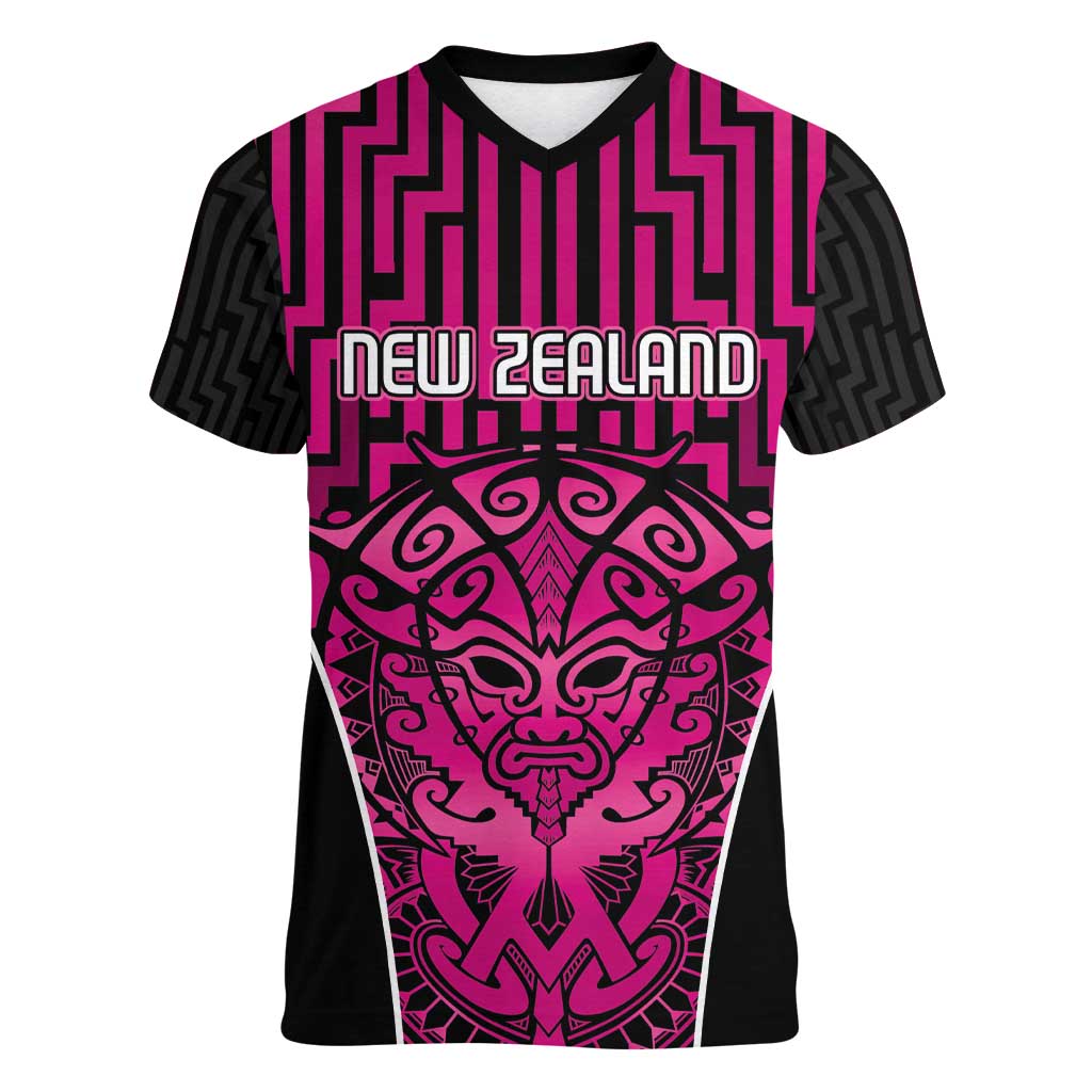 Custom Basketball New Zealand Women V-Neck T-Shirt Pink Maori Ta Moko Indigenous - Polynesian Pride