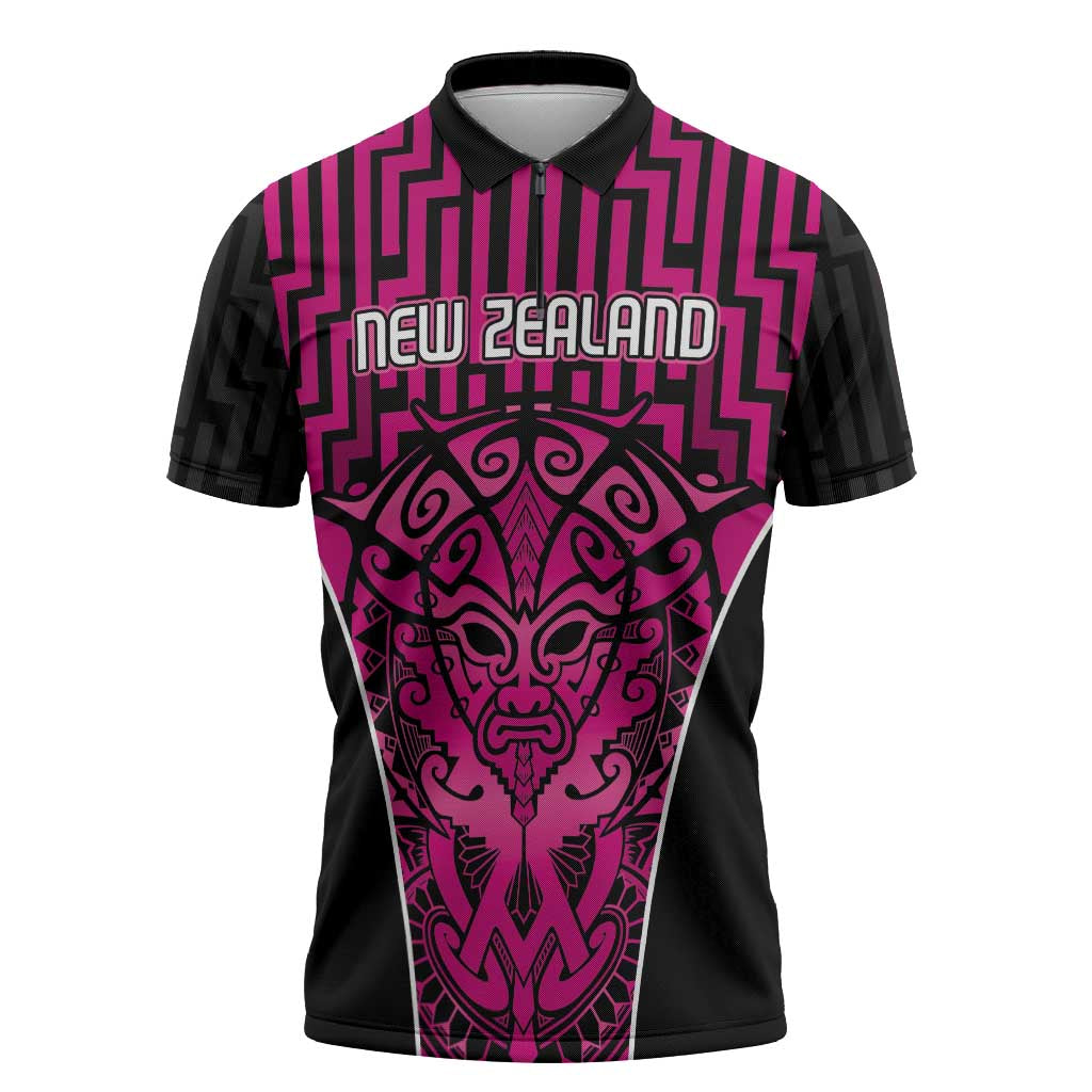 Custom Basketball New Zealand Zipper Polo Shirt Pink Maori Ta Moko Indigenous - Polynesian Pride