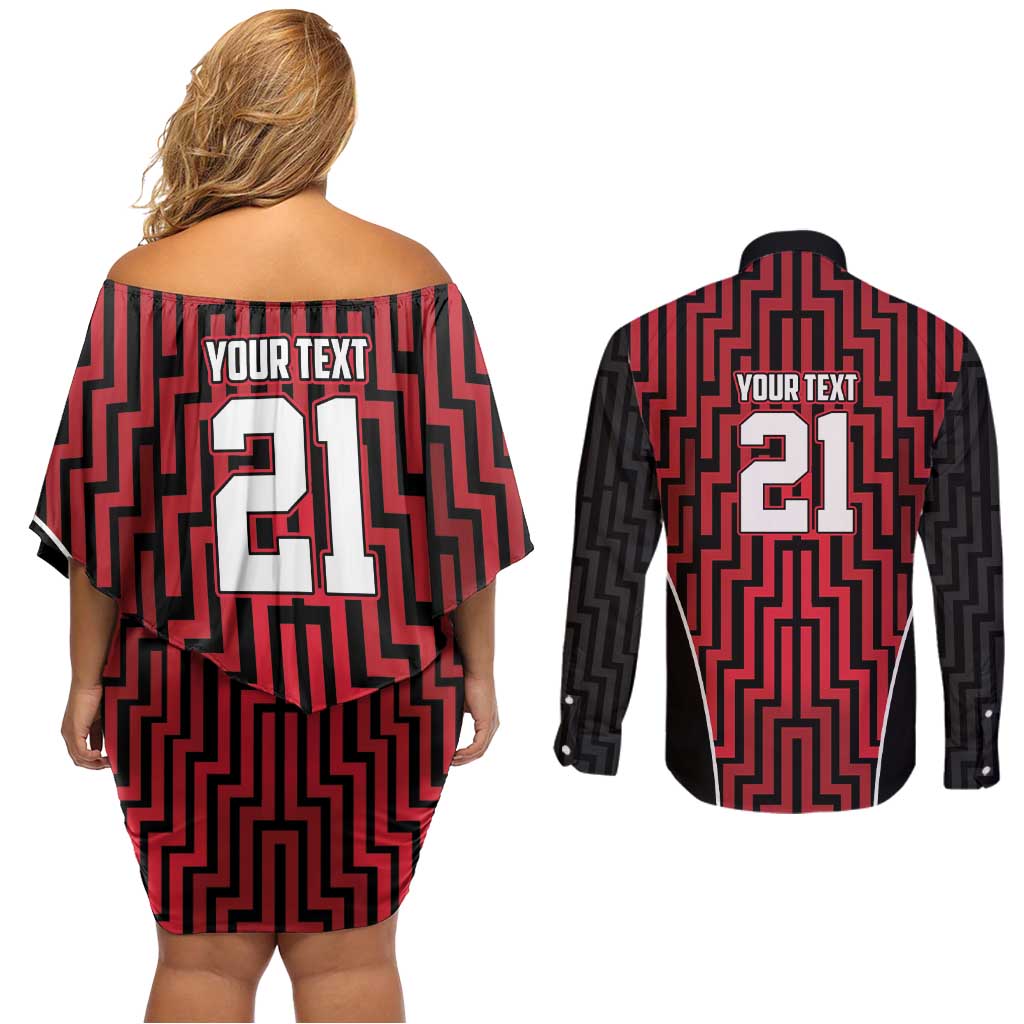 Custom Basketball New Zealand Couples Matching Off Shoulder Short Dress and Long Sleeve Button Shirt Red Maori Ta Moko Indigenous - Polynesian Pride