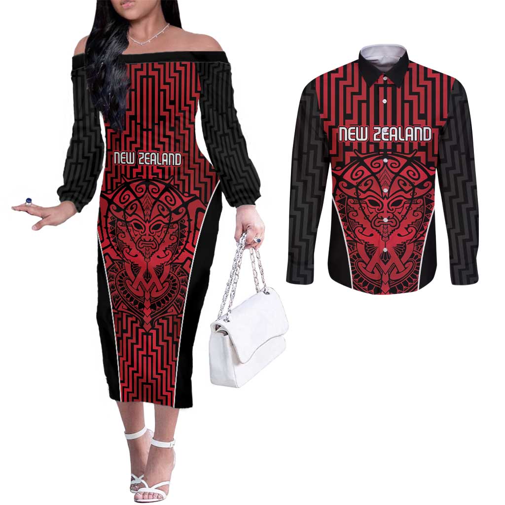 Custom Basketball New Zealand Couples Matching Off The Shoulder Long Sleeve Dress and Long Sleeve Button Shirt Red Maori Ta Moko Indigenous - Polynesian Pride