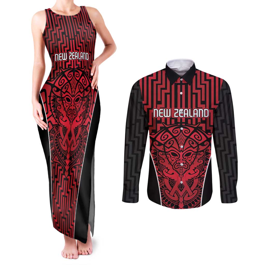 Custom Basketball New Zealand Couples Matching Tank Maxi Dress and Long Sleeve Button Shirt Red Maori Ta Moko Indigenous - Polynesian Pride