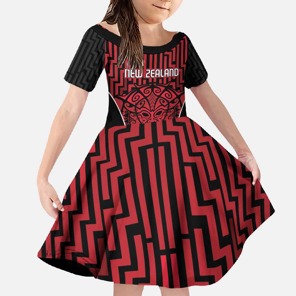 Custom Basketball New Zealand Family Matching Off Shoulder Maxi Dress and Hawaiian Shirt Red Maori Ta Moko Indigenous - Polynesian Pride