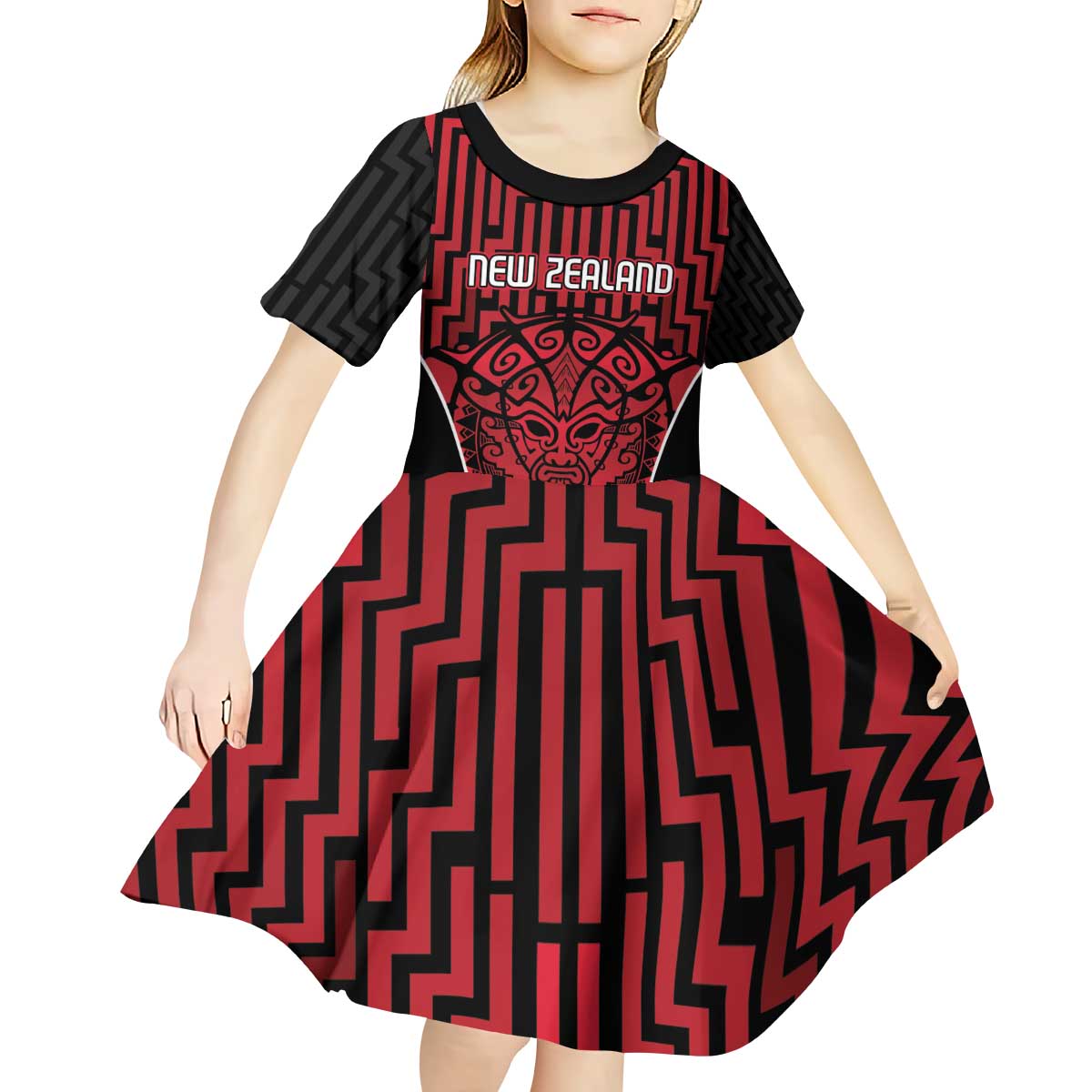 Custom Basketball New Zealand Kid Short Sleeve Dress Red Maori Ta Moko Indigenous - Polynesian Pride