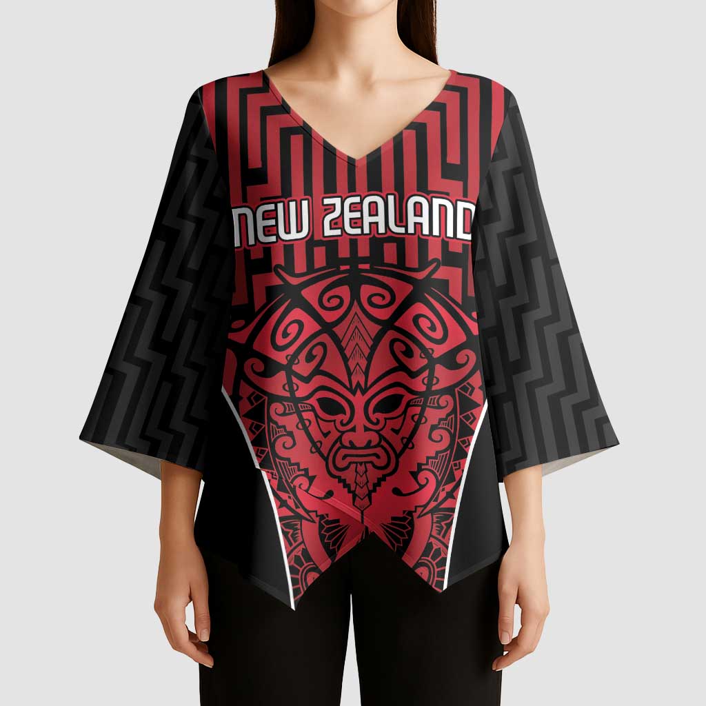 Custom Basketball New Zealand Kimono Sleeve Blouse Red Maori Ta Moko Indigenous - Polynesian Pride